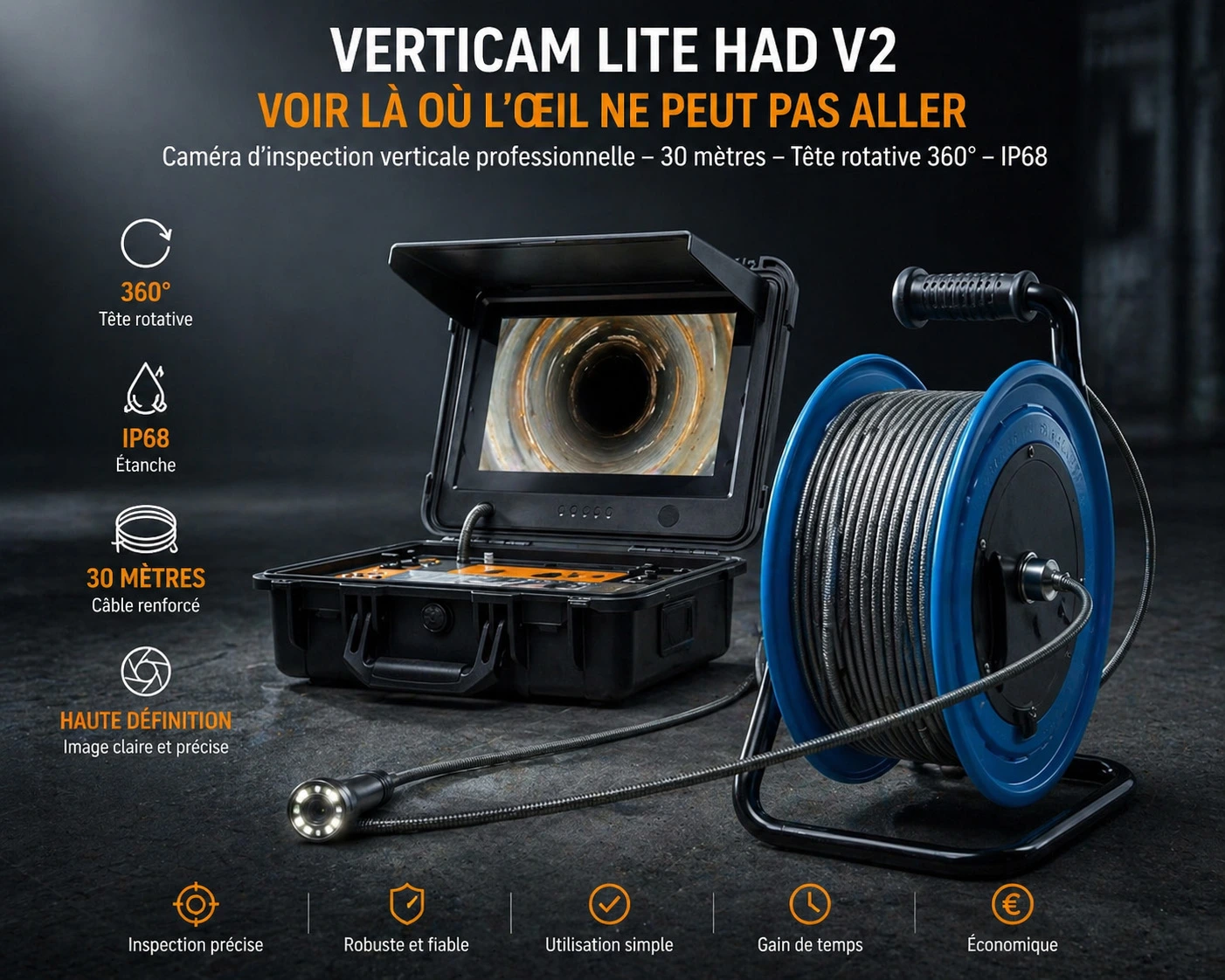 Endoscope industriel inspection conduit vertical